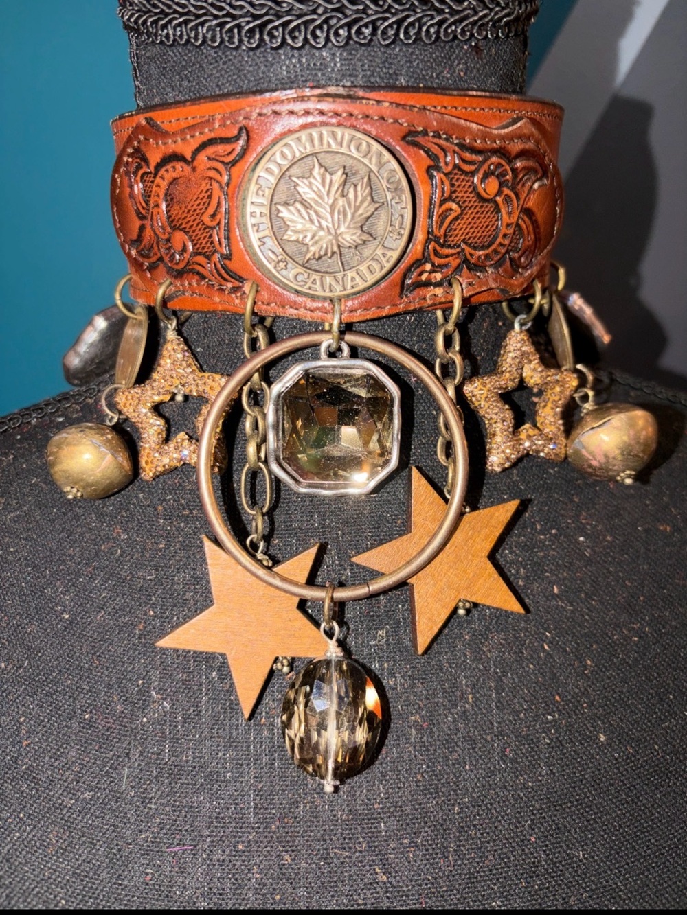 Hand-tooled Leather Choker Necklace with Star & Charm Details
